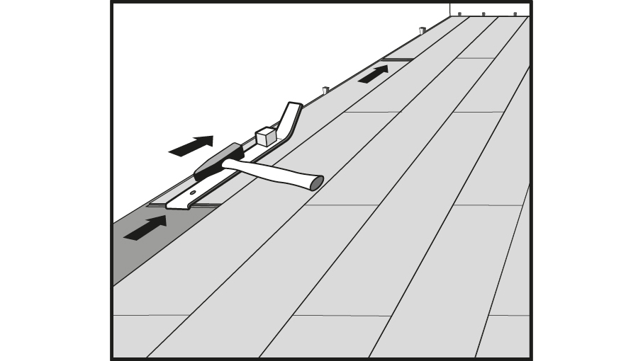 Kopfseitige Verriegelung der letzten Reihe mit Hilfe eines Zugeisens und leichten Hammerschlägen Kopfseitige Verriegelung der letzten Reihe mit Hilfe eines Zugeisens und leichten Hammerschlägen